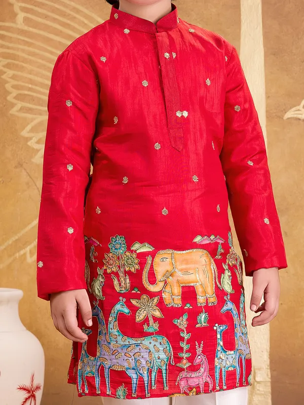 Red silk kurta suit with resham and sequins work