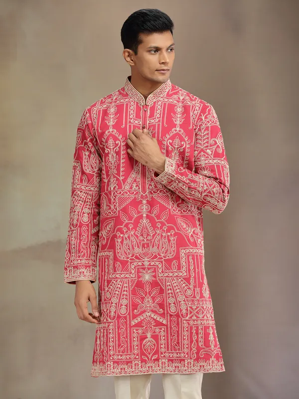 Red premium silk kurta suit with thread work