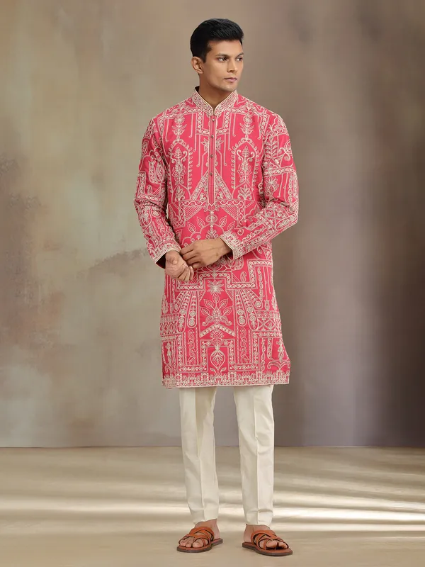 Red premium silk kurta suit with thread work
