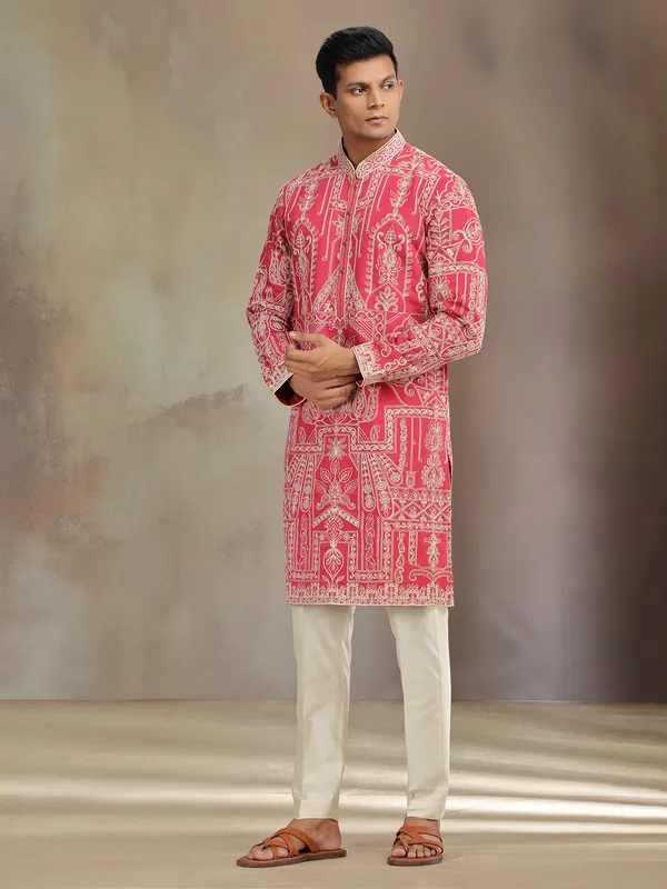 Red premium silk kurta suit with thread work