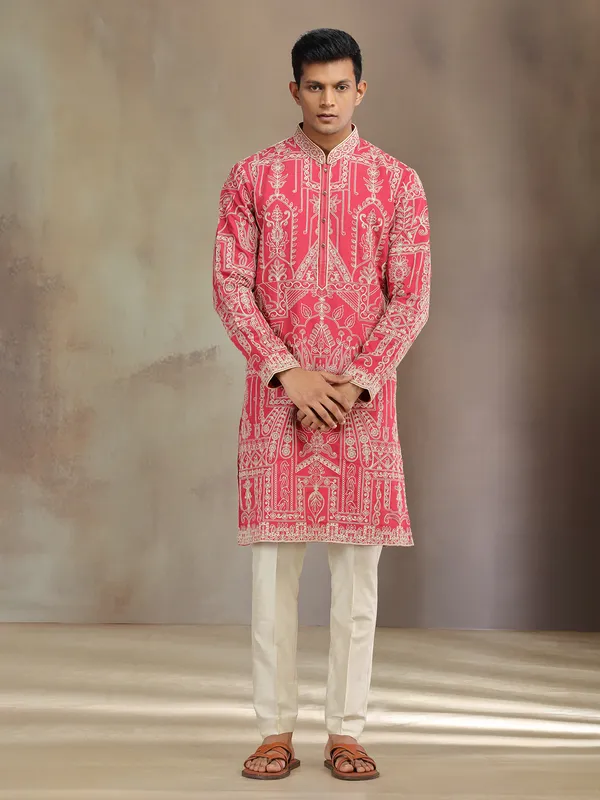 Red premium silk kurta suit with thread work