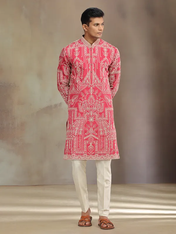 Red premium silk kurta suit with thread work