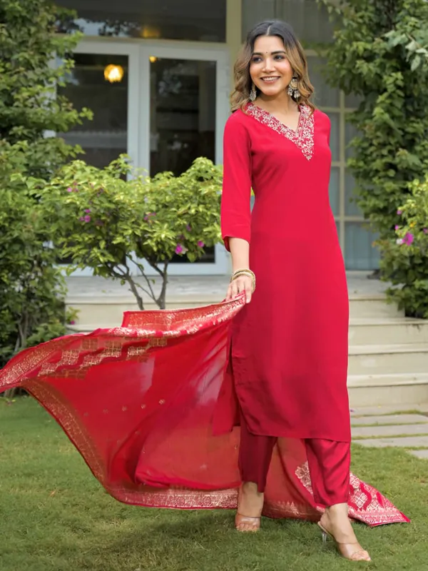 Red silk kurti set with zari weaving dupatta