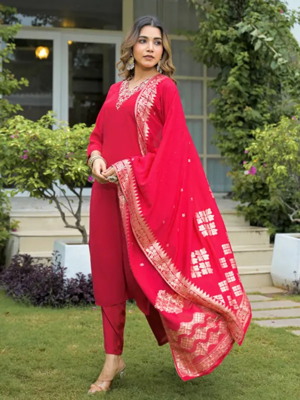 Red silk kurti set with zari weaving dupatta