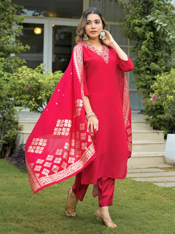 Red silk kurti set with zari weaving dupatta