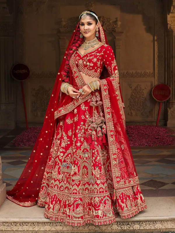 Red silk lehenga choli for bride with sequins work