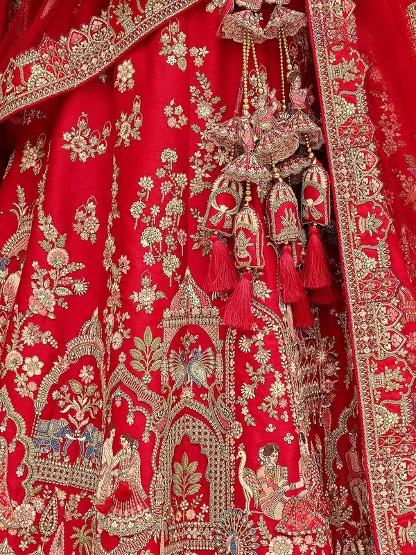 Red silk lehenga choli for bride with sequins work