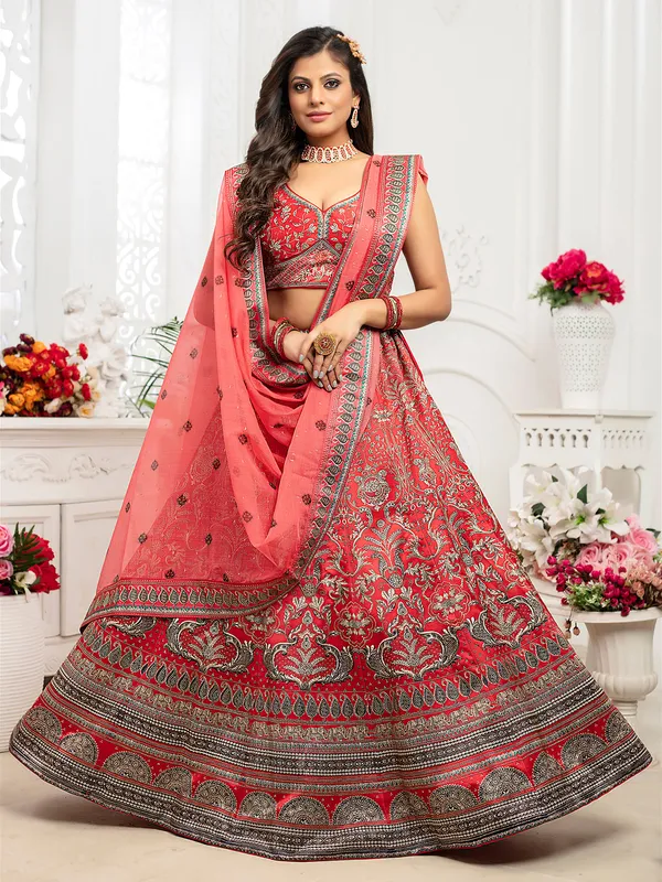 Red silk lehenga choli for wedding look in printed