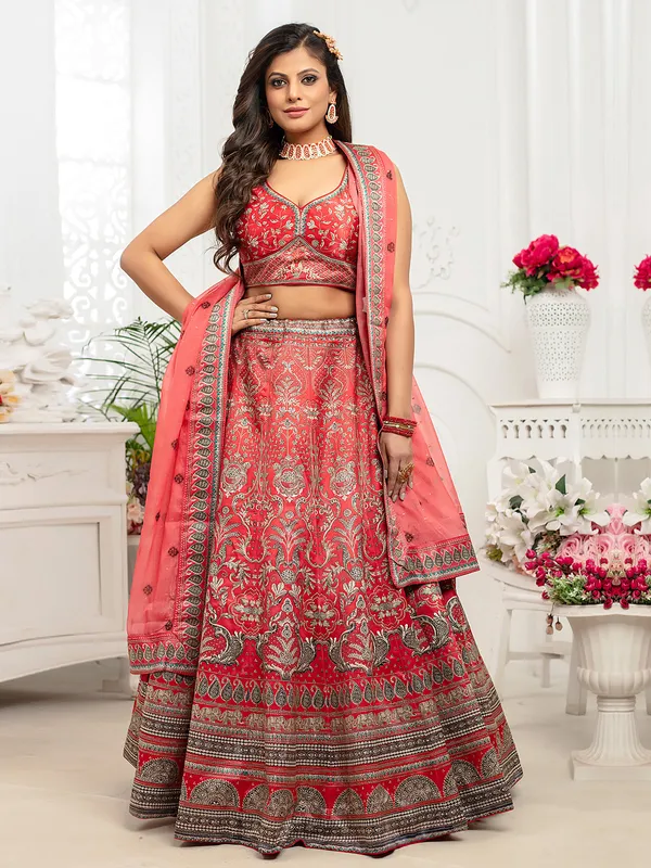 Red silk lehenga choli for wedding look in printed