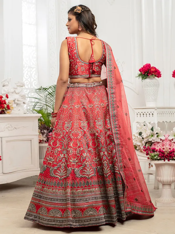 Red silk lehenga choli for wedding look in printed