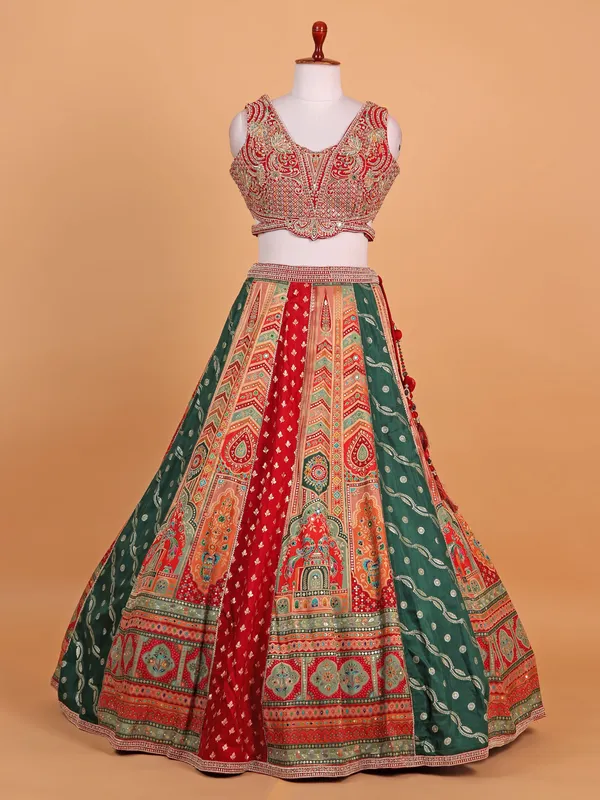 Red silk lehenga choli with zari work for women