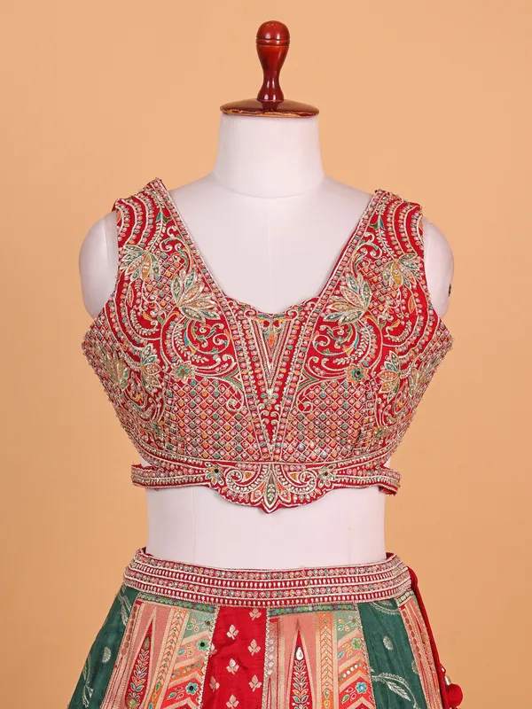 Red silk lehenga choli with zari work for women