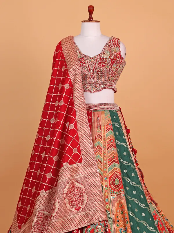 Red silk lehenga choli with zari work for women