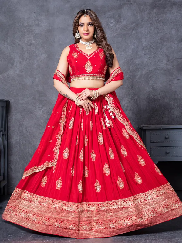 Red silk lehengac choli with zardosi embellishment