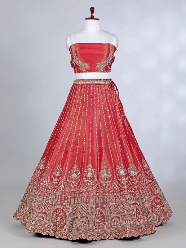 Red silk mirror and zardosi bridal lehenga choli