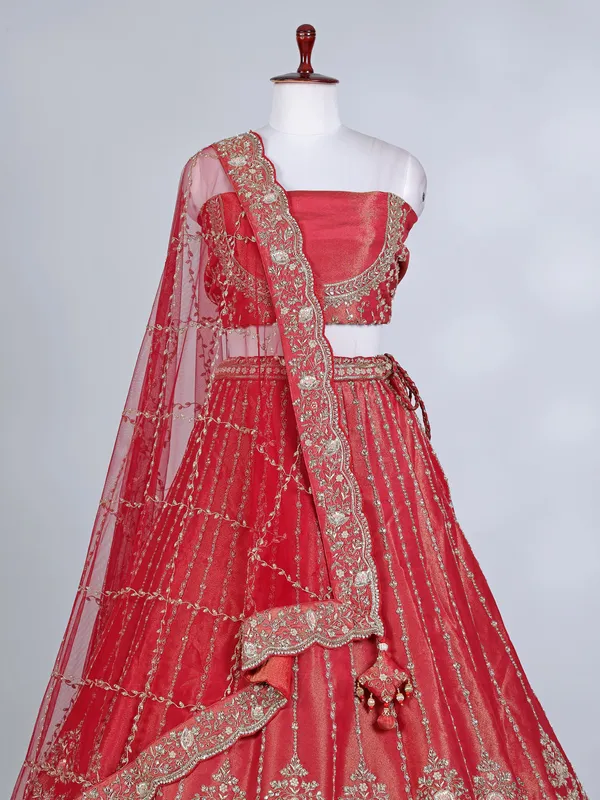 Red silk mirror and zardosi bridal lehenga choli