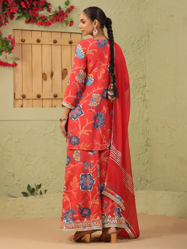Red silk pakistani floral palazzo kurti set