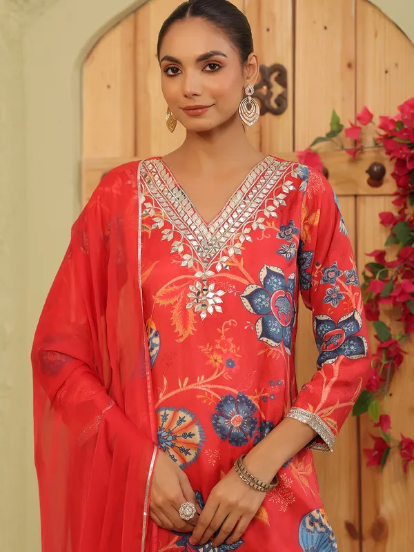 Red silk pakistani floral palazzo kurti set
