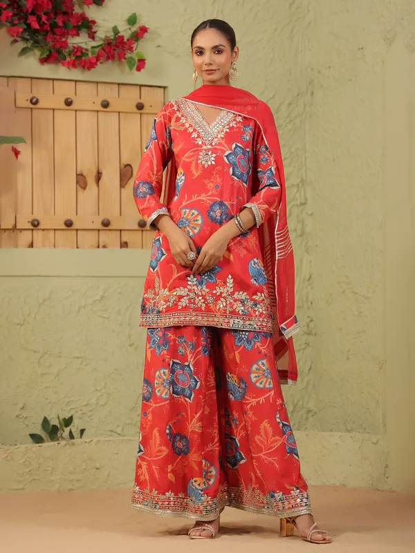 Red silk pakistani floral palazzo kurti set