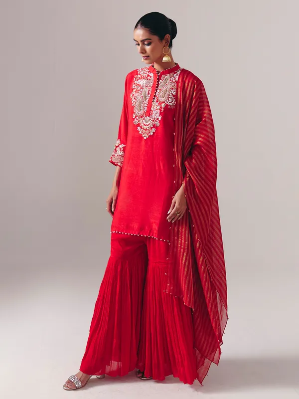 Red silk pakistani sharara suit for wedding