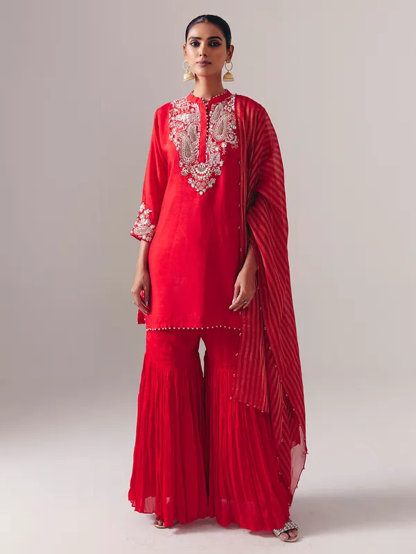 Red silk pakistani sharara suit for wedding
