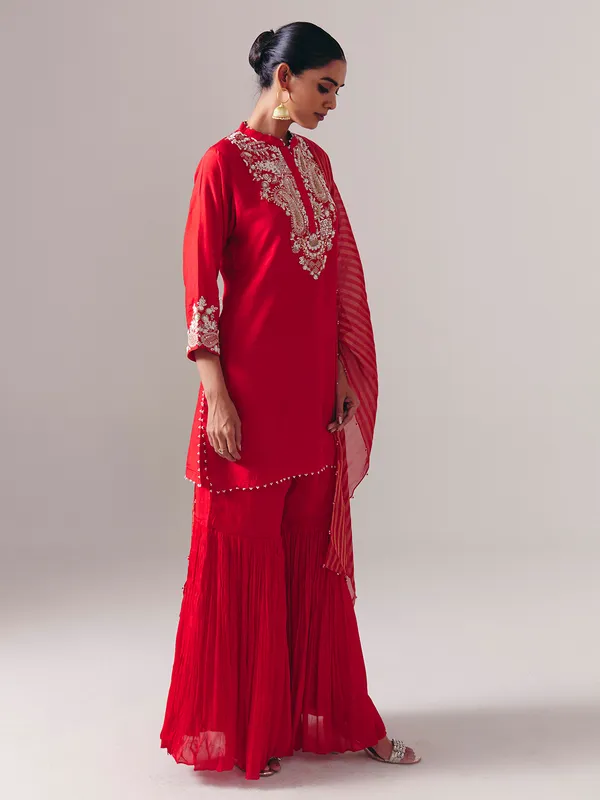Red silk pakistani sharara suit for wedding