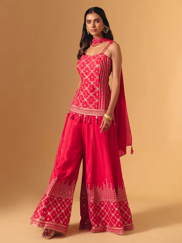Red silk pakistani sleeveless sweetheart palazzo suit