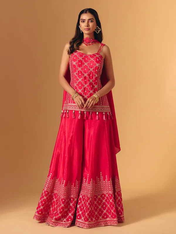 Red silk pakistani sleeveless sweetheart palazzo suit