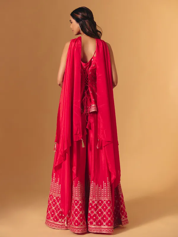 Red silk pakistani sleeveless sweetheart palazzo suit