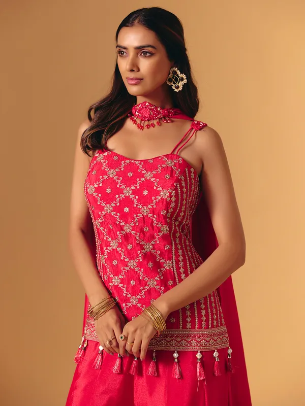 Red silk pakistani sleeveless sweetheart palazzo suit