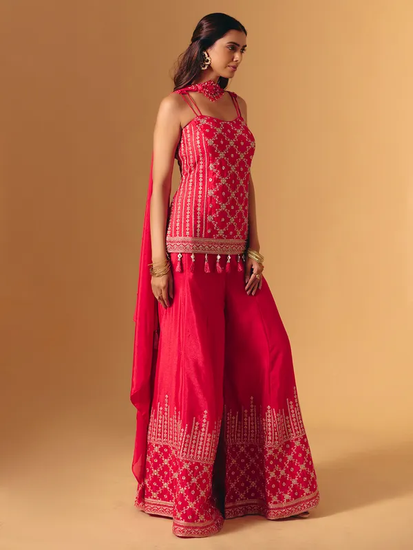 Red silk pakistani sleeveless sweetheart palazzo suit