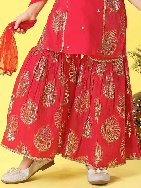 Red silk pakistani style sharara suit for girls