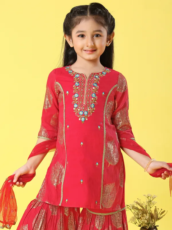 Red silk pakistani style sharara suit for girls