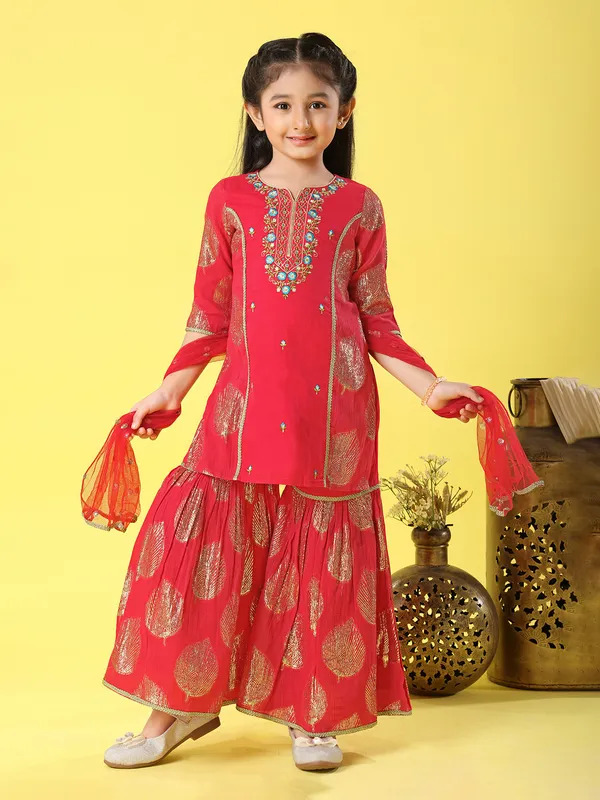 Red silk pakistani style sharara suit for girls