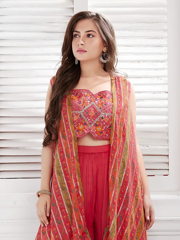 Red silk palazzo salwar suit with shrug