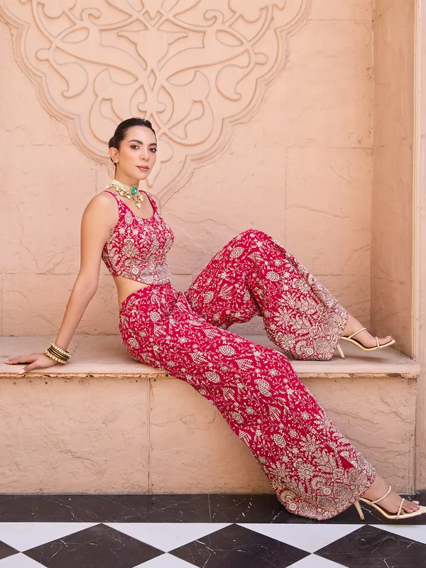 Red silk palazzo suit for wedding