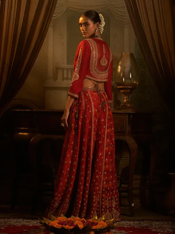 Red silk palazzo suit for wedding celebration