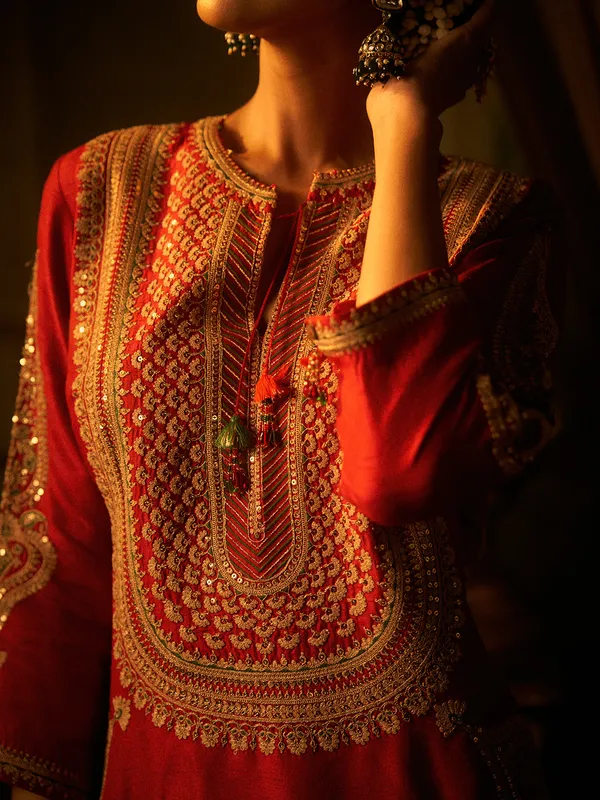 Red silk palazzo suit for wedding celebration