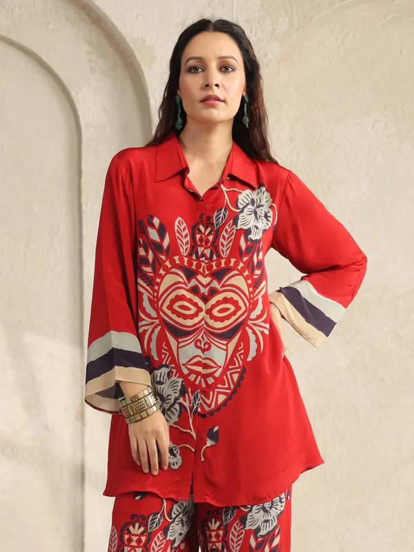 Red silk printed co ord set with collar neck