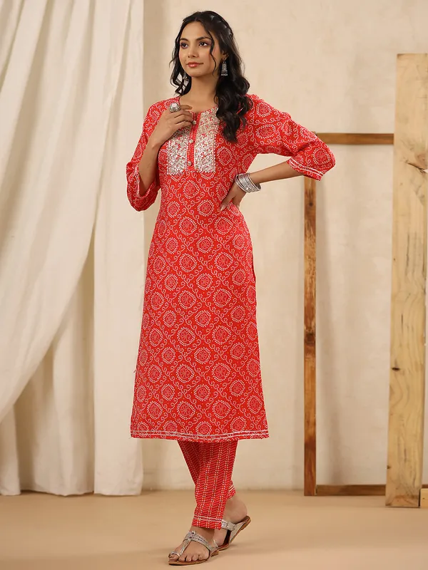 Red silk printed kurti set