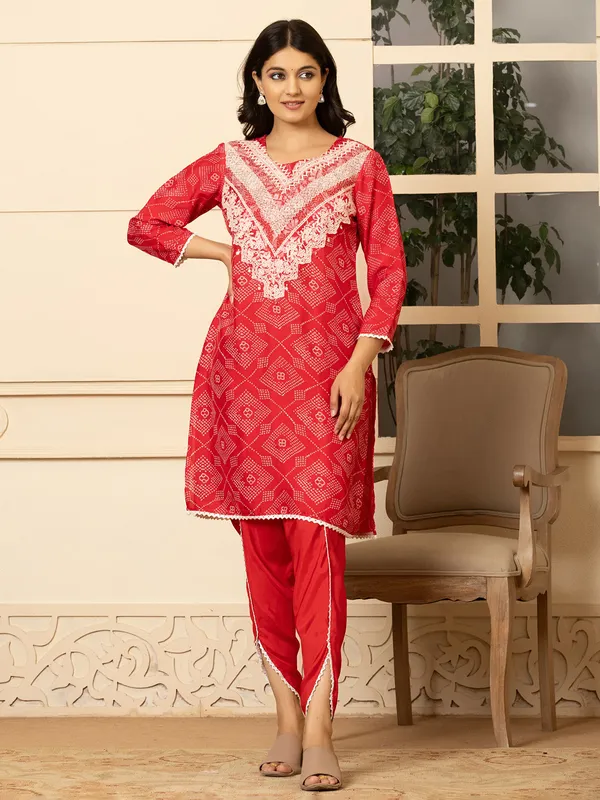 Red silk printed kurti set for women