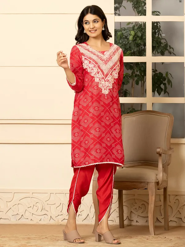 Red silk printed kurti set for women