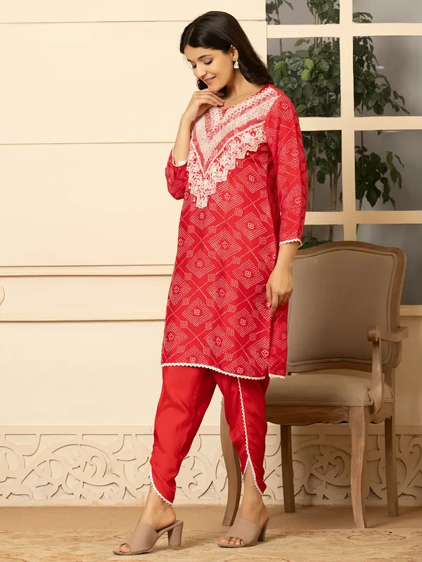 Red silk printed kurti set for women