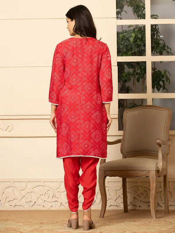 Red silk printed kurti set for women