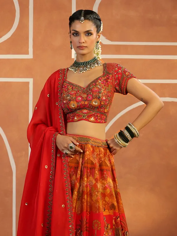 Red silk printed lehenga choli with dupatta