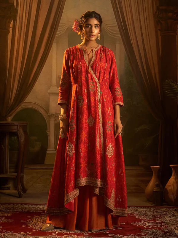 Red silk printed palazzo suit for feastive wear