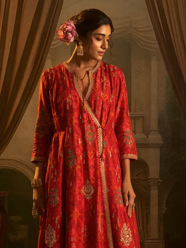 Red silk printed palazzo suit for feastive wear