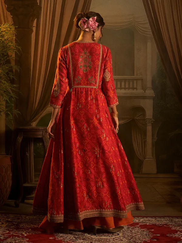 Red silk printed palazzo suit for feastive wear