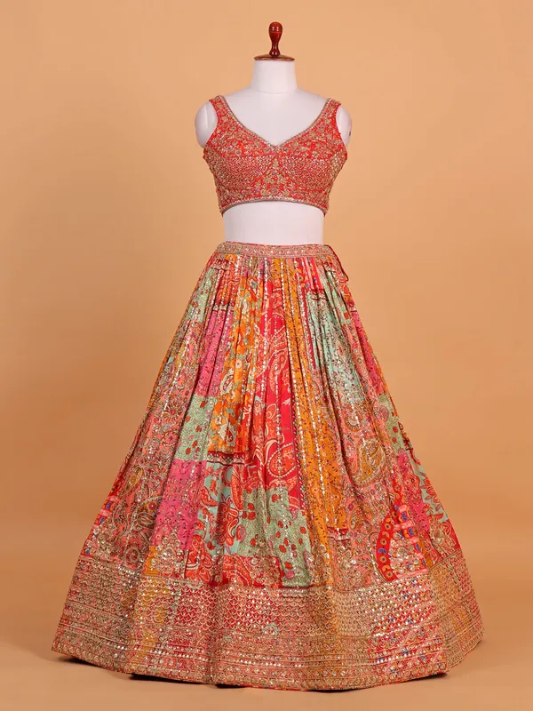 Red silk printed reception ready lehenga choli
