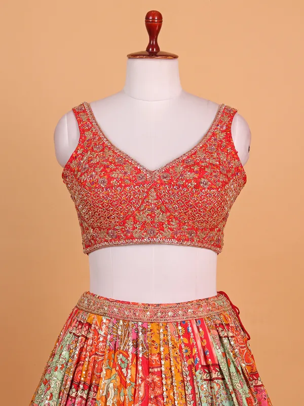 Red silk printed reception ready lehenga choli